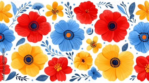 Wallpaper Mural Colorful Floral Pattern Featuring Red Yellow and Blue Flowers with Leaves on White Background Torontodigital.ca