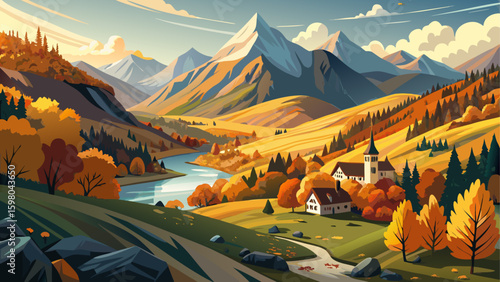 Very beautiful Autumn panoramic in the Aspe Valley, Pyrenees in France.