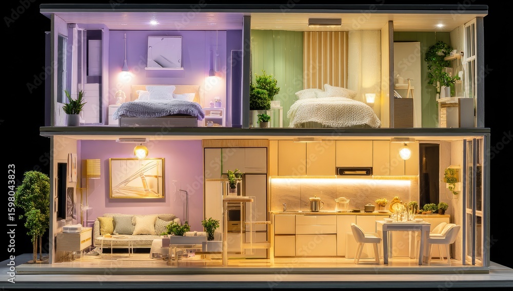 Fototapeta premium Two-story dollhouse model, lit interiors