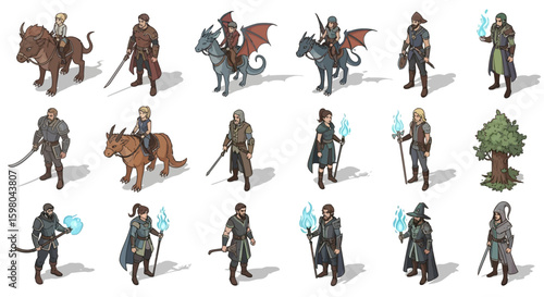 Isometric illustration showcasing various fantasy characters including warriors, mages, riders on mythical creatures, and a tree, all in a stylized, top-down perspective.