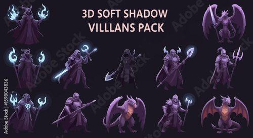 Fantasy villain character sprites with 3D soft shadows, perfect for game design.