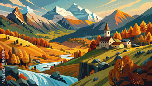 Very beautiful Autumn panoramic in the Aspe Valley, Pyrenees in France.