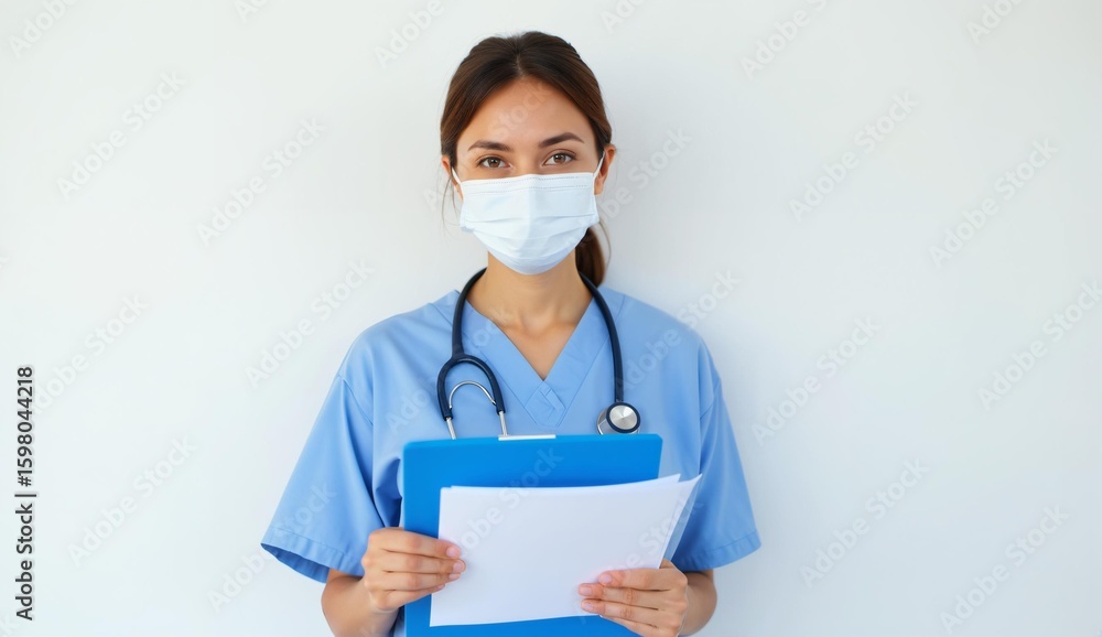 Healthcare professional in blue scrubs holding a clipboard and wearing a face mask Healthcare professional in blue scrubs holding a clipboard and wearing a face mask