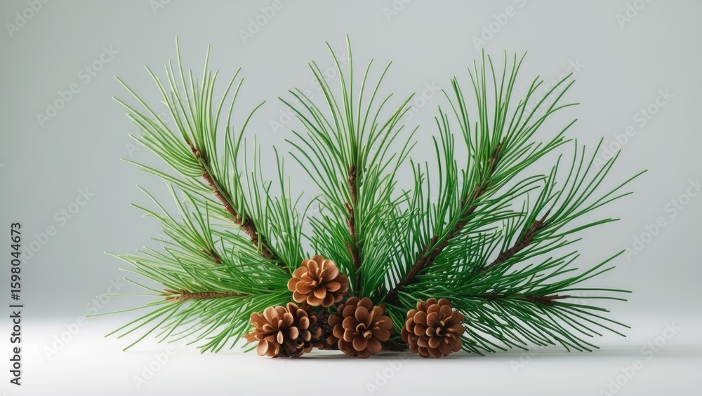 Fototapeta premium Fresh pine branches with pine cones. Natural winter decoration, holiday, Christmas, New Year, festive, rustic, seasonal, outdoor, holiday season, green, brown.