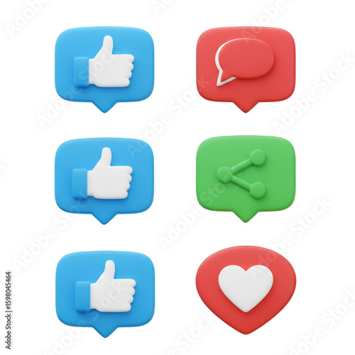 3D Social Media Icons Set With Like and Share in Transparent Background