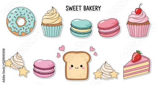 Cute cartoon bakery stickers featuring various sweet treats like donuts, cupcakes, macarons, and bread.