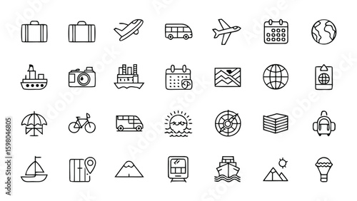 Travel icons set with vector symbols for business, shopping, internet, and finance, including home, cart, and email designs