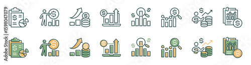 set of finance growth report bar chart icon line vector business accounting earning profit analysis money income graph record arrow up dollar signs vector illustration