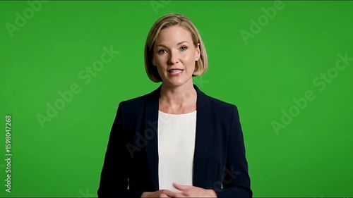 Professional mature businesswoman confidently speaking in front of a solid green screen background, ideal for presentations and corporate communication scenes.