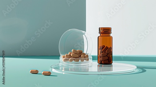 Pill bottle with brown pills poured on a glass platform and another bottle is on a petri dish. This is a minimalist advertising space.