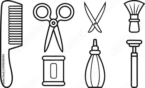 Black and White Outline Icons of Barber Tools and Grooming Equipment