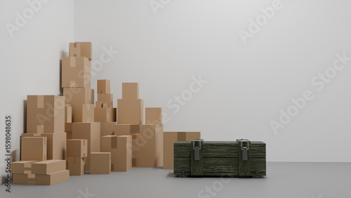 Wallpaper Mural A closed green army box with metal locks stands among cardboard boxes in a logistics center, military aid, equipment delivery Torontodigital.ca