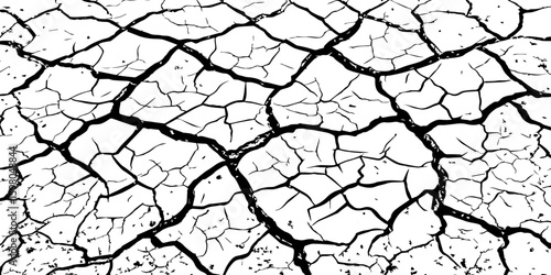A stark, high-contrast, black and white close-up of severely cracked earth, showing a network of deep fissures and irregular polygons. The texture emphasizes the dryness and desolation of the ground.