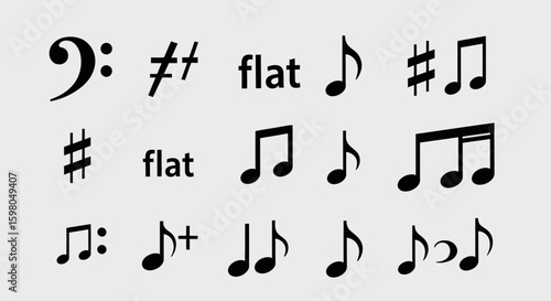 Musical symbols and notes arranged on a light grey background, representing music notation.