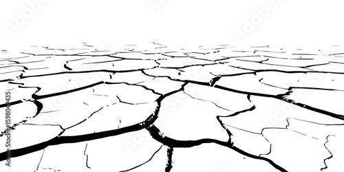 "A stark, black and white, high-contrast image showing a wide expanse of deeply cracked earth, stretching towards a distant horizon, emphasizing the textures and patterns of drought and desiccation."