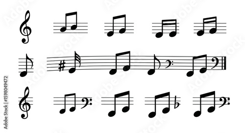 Musical notation examples: treble clef, notes, sharps, flats, rests, and time signatures on staff lines.