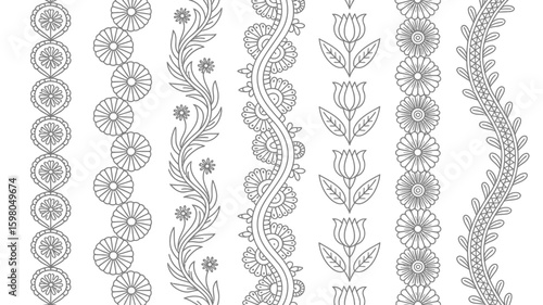 Decorative floral borders featuring diverse flower and plant designs with intricate detailing, ideal for embellishing invitations, crafts, or adding a nature-inspired touch to creative projects