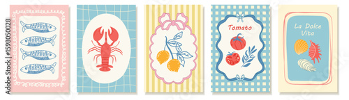 Set of summer Mediterranean posters with Italian vibes. Hand-drawn vector illustrations.  Amalfi. Italian food- lobster, tomatoes, lemons, sardines. Perfect for kitchen decor, cafe menus, recipe cards