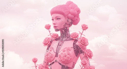 Futuristic female robot with roses and pink design