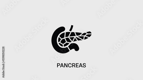 Stylized black silhouette of the human pancreas organ, a vital digestive and endocrine gland, presented clearly with a focus on anatomical representation for medical and educational purposes.