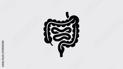 Stylized black icon representing the human digestive system including the stomach and intestines, symbolizing health, anatomy, and internal organs for medical or educational purposes.