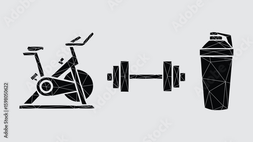 Geometric low poly style black silhouette icons of exercise bike, dumbbell, and shaker bottle representing fitness and healthy lifestyle.