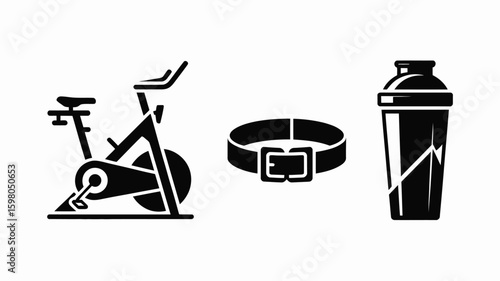 Fitness equipment collection including a stationary bicycle, weightlifting belt, and protein shaker bottle, representing a healthy lifestyle and gym workout.