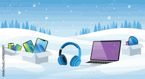 Winter scene with electronics in cardboard boxes, ready for recycling or donation.