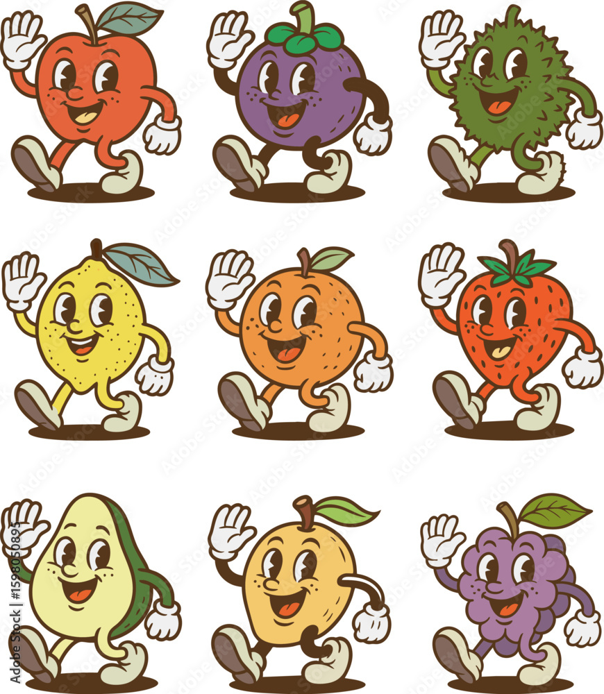 Fototapeta premium Retro Characters, Cartoon Fruits, Smiling, Walking, Funny Vintage Characters, Doodle Comic Collection, Retro Atmosphere from the 70s-80s, vector illustrator
