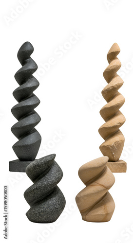 3D Spiral Sculptures in Black and Beige on Black Background