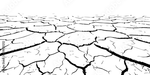 "A stark, black and white, high-contrast image showing a wide expanse of deeply cracked earth, stretching towards a distant horizon, emphasizing the textures and patterns of drought and desiccation."
