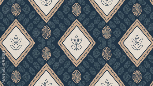 Elegant geometric pattern featuring diamond shapes with stylized floral motifs and paisley elements in a sophisticated navy and beige color palette, creating a visually appealing textile design.