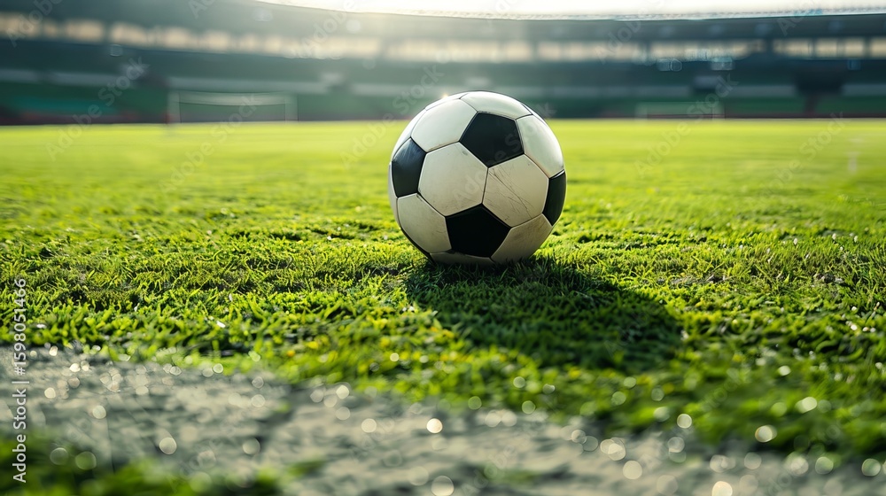Fototapeta premium Soccer ball sits on the grassy field of a stadium. It's ready for play in the center of the field.