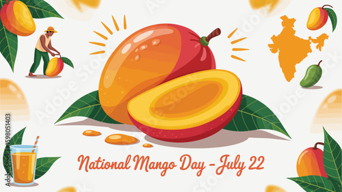 Vibrant illustration celebrating National Mango Day with ripe mangoes, juice, and a farmer harvesting the tropical fruit, set against a backdrop featuring an outline of India and green leaves