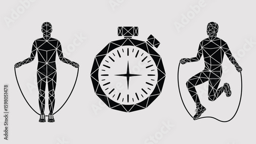 Athletic figures engaged in jump rope exercise with a stopwatch emblem symbolizing fitness and timing, presented in a modern geometric style for sports and health concepts