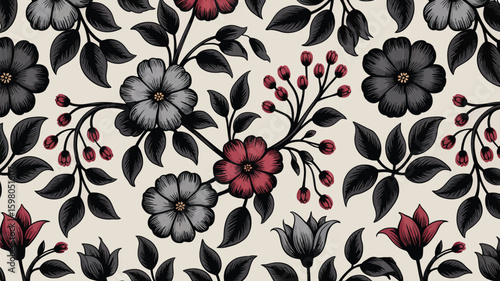 Exquisite vintage floral pattern with deep red and charcoal blooms evokes timeless elegance and sophisticated beauty for decorative projects.eps