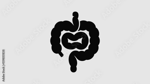Stylized black silhouette of human intestines and colon presented as a medical or digestive health icon against a neutral backdrop, representing internal anatomy and bodily systems.