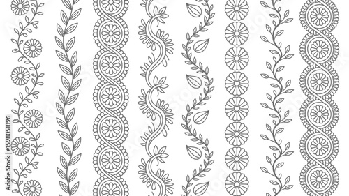 Collection of intricate black and white floral and leafy decorative borders showcasing organic patterns and stylized botanical elements, perfect for design accents and embellishments.