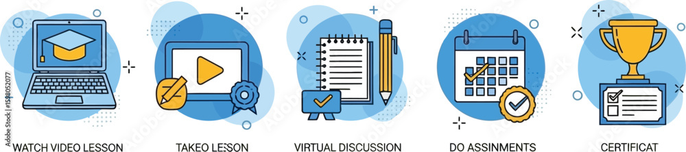 Illustrative icons depict online learning steps, including video lessons, assignments, and certificate achievement. Illustrative icons depict online learning steps, including video lessons, assignments, and certificate achievement.