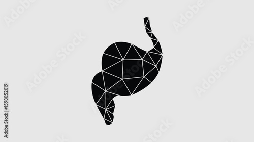 Stylized black geometric stomach organ graphic with interconnected polygonal segments representing internal structure and digestive processes in a clean, modern medical or health concept.