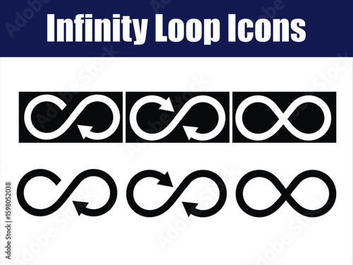 Infinity Loop Icons Morphing in Monochrome Flat Style. Six bold infinity loop icons evolve from arrows to sleek monochrome infinite forms.