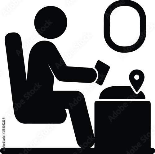 Silhouette passenger reading on airplane with window and location pin Vector Illustrator