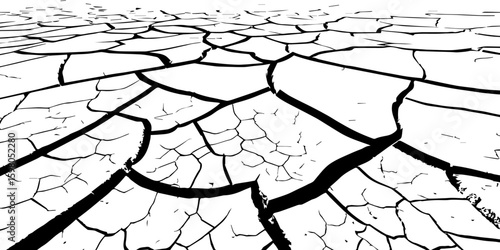 "A stark, black and white, high-contrast image showing a wide expanse of deeply cracked earth, stretching towards a distant horizon, emphasizing the textures and patterns of drought and desiccation."