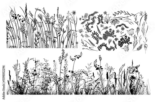 Set of horizontal banners of meadow silhouettes with grass. hand drawn. Not AI, Vector illustration.