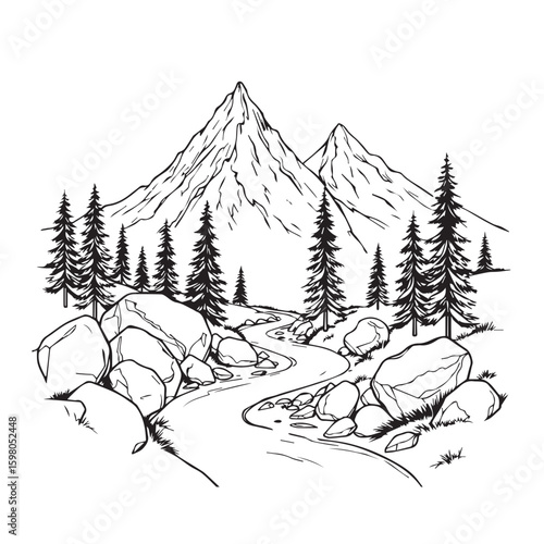 Majestic mountain peaks tower over a winding river and pine forest in a hand drawn sketch
