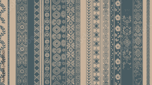 Elegant Vintage Textile Pattern with Vertical Stripes Featuring Intricate Floral and Geometric Motifs in Blue and Beige Tones, Yakan weaving