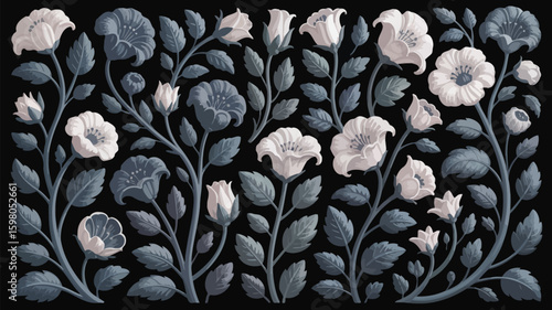 Elegant floral pattern featuring delicate white and blue-gray flowers and leaves intricately arranged on a dark background, evoking a timeless botanical aesthetic perfect for decorative applications.