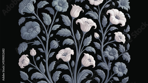 Elegant floral pattern featuring blooming flowers and leaves in shades of blue and white against a dark backdrop, evoking a sense of classic beauty and natural artistry for decorative purposes.