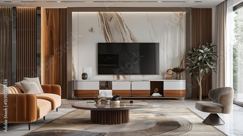 Stylish TV with wide screen displayed on a wooden cabinet placed in a spacious room.