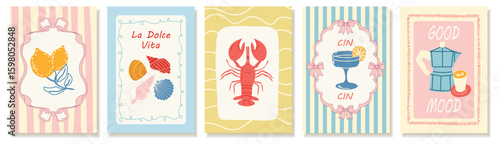 Set of summer Mediterranean posters with Italian vibes. Hand-drawn vector illustrations. Amalfi. Italian food- lobster, lemons, coffee, cocktail. Perfect for kitchen decor, cafe menus, recipe cards